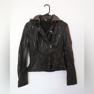 Free People Black Faux Leather Moto Jacket with Fabric Hood